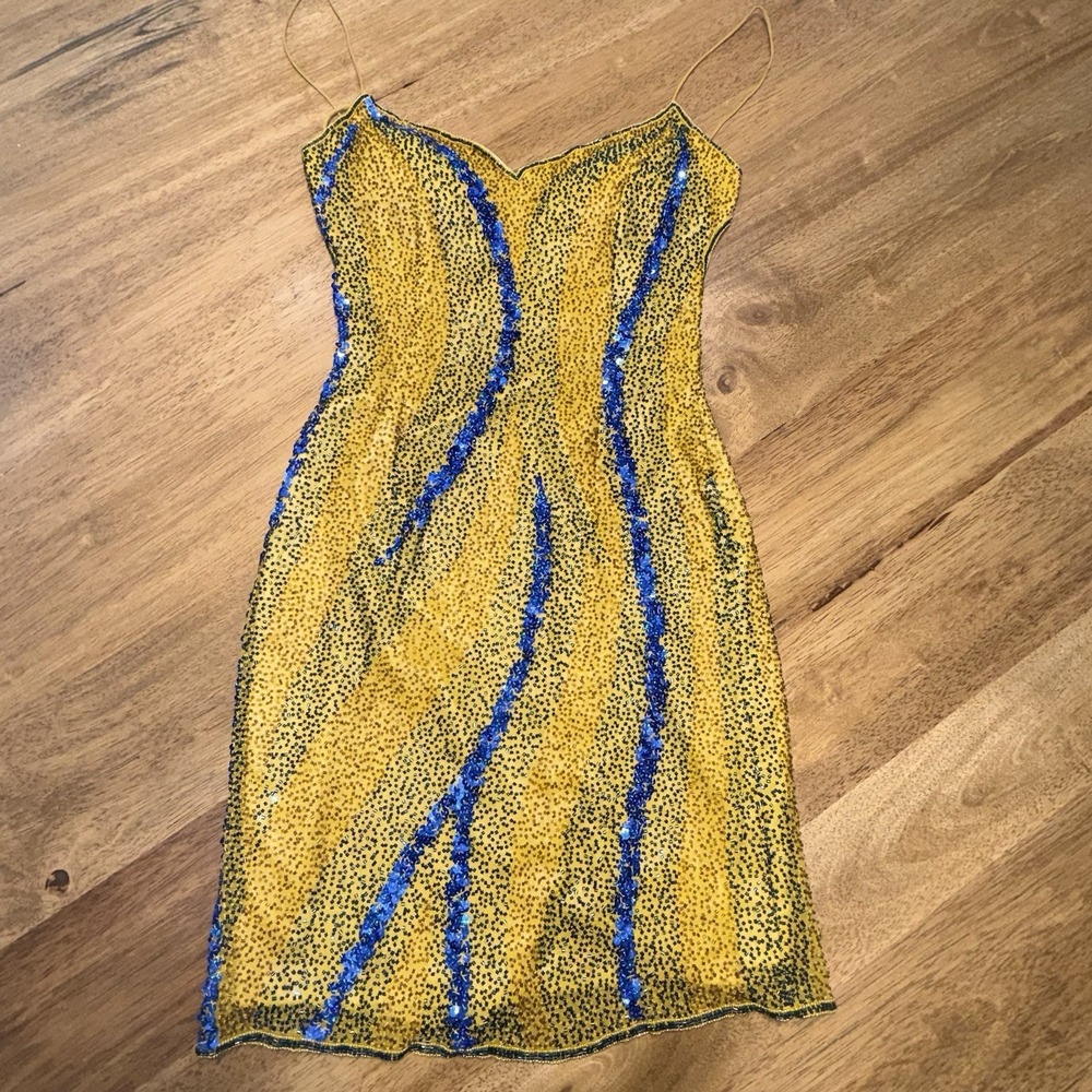 Scala Silk Beaded Dress XS Yellow Blue Sequin Slip Y2K Party Mini UCLA UMich